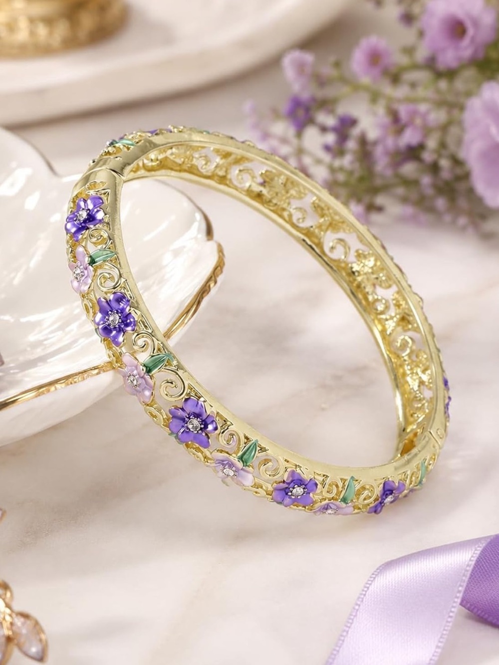 🆕New Floral Cloisonne 18K Gold Plated Bangle Bracelet